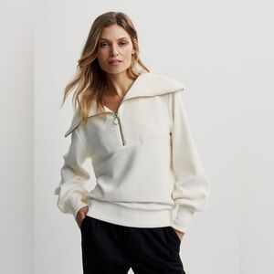 Varley Cream V-Neck Sweater with Zip Detail